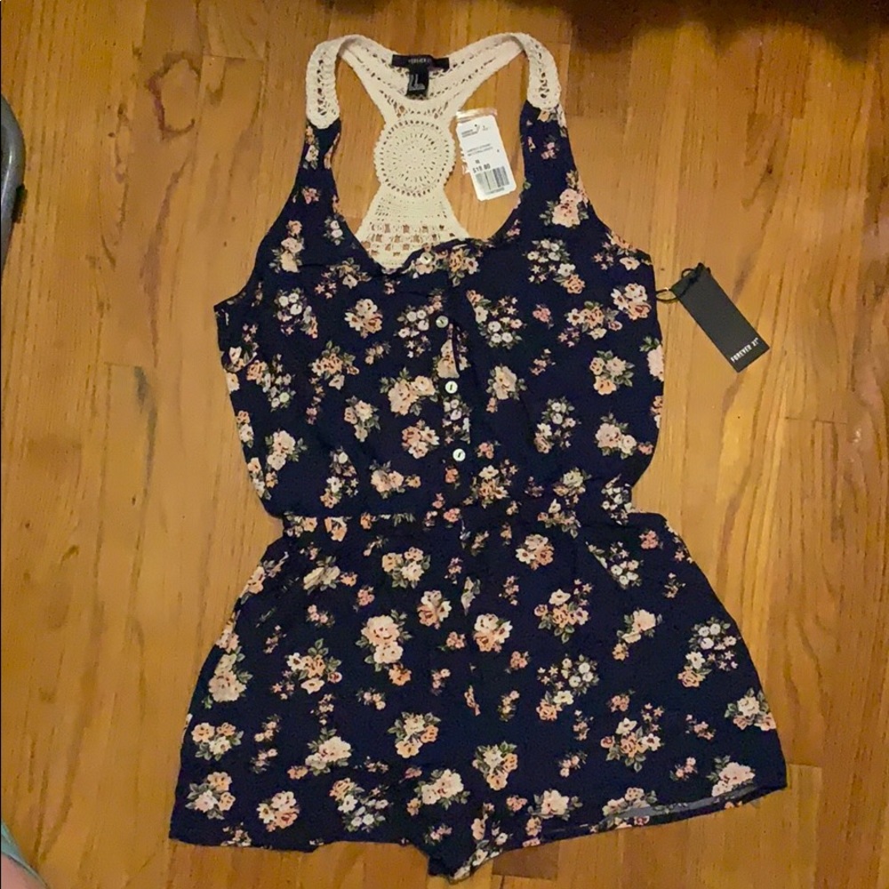 Forever 21 Navy Floral Crochet-Back Romper